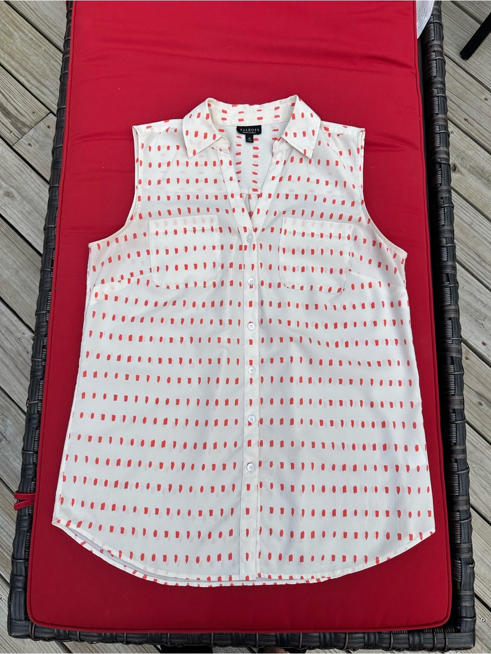 Talbots White Sleeveless V-Neck Blouse with Orange Dot Accents